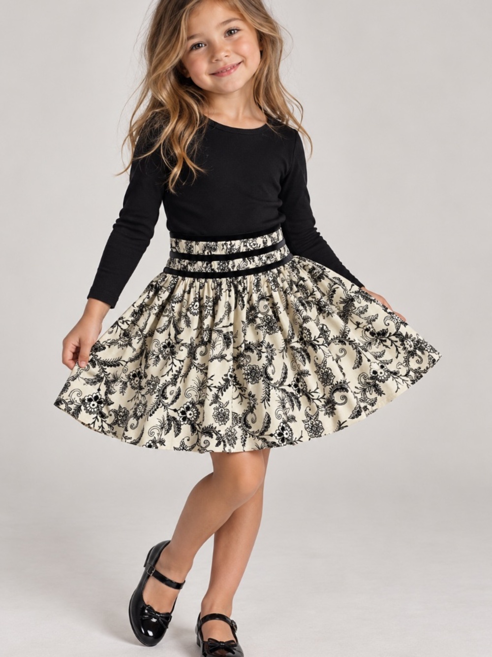 DKNY Girl's Skirt in Black & Ivory with Velvet accents